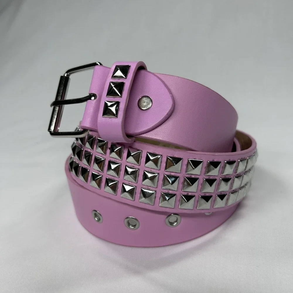 Pink Faux Leather Studded Belt 3 Row Silver Pyramid Studs Punk Emo NWOT